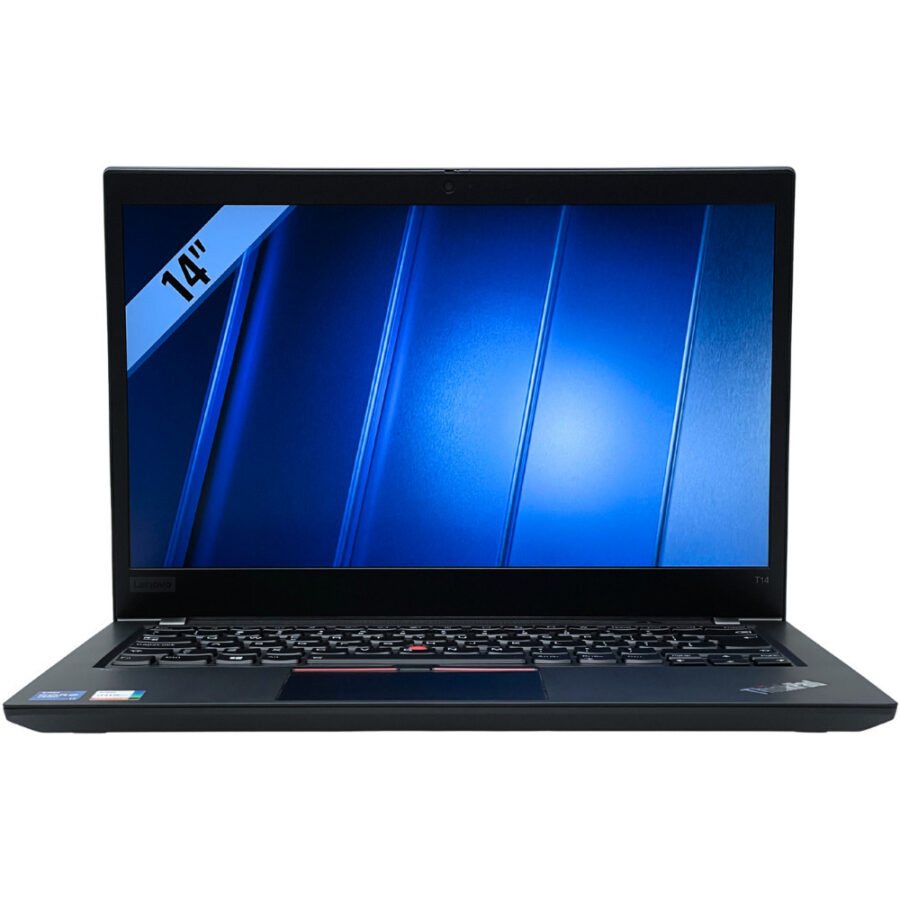 Lenovo ThinkPad T14 G2 – widok od przodu Lenovo ThinkPad T14 G2 widok od przodu z otwartym ekranem i pulpitem roboczym