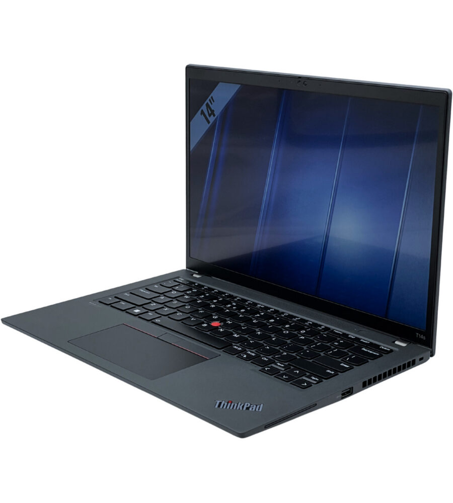 Lenovo ThinkPad T14s Gen 3 – prawy profil pod kątem Lenovo ThinkPad T14s Gen 3 widok z prawej strony pod kątem port USB i wylot chłodzenia