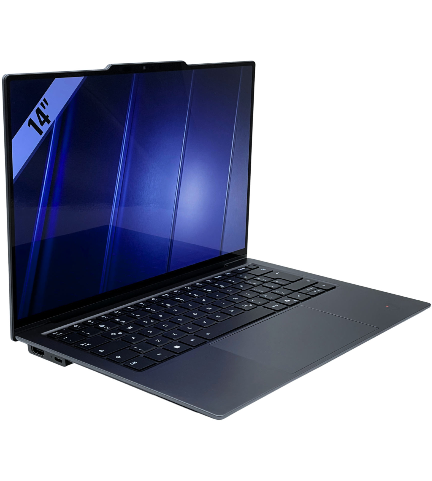 Lenovo X9-14 Gen 1 widok z lewej strony pod kątem z portami USB-C i zasilaniem